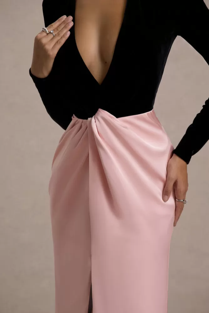 Velluto Sensuale con Gonna in Raso Rosa - Abito Longuette Scollo Profondo Nero di Club L London Collezione Incantesimo d'Amore
