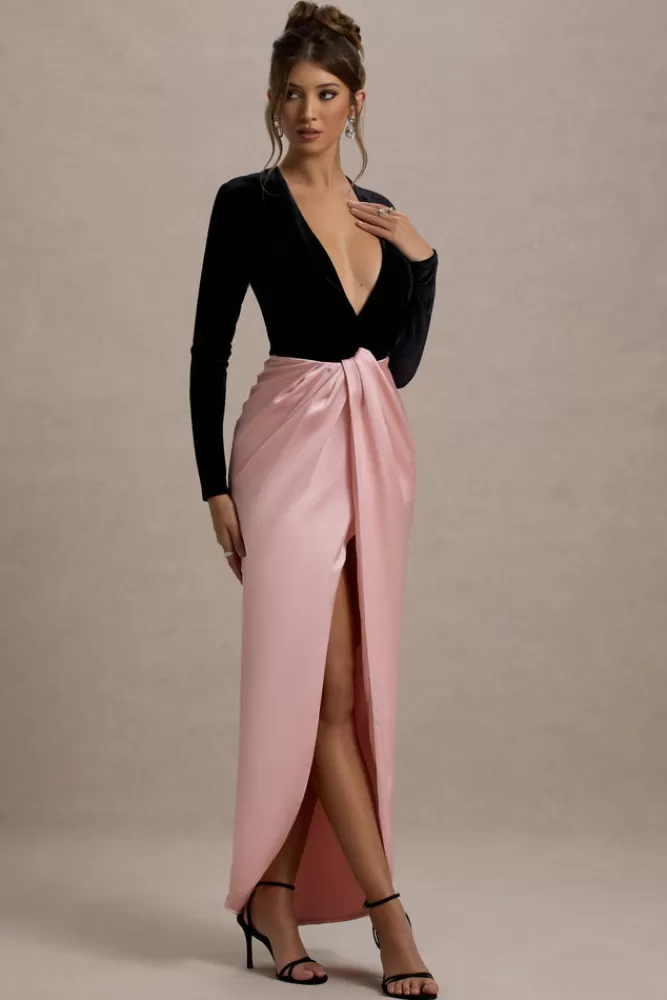 Velluto Sensuale con Gonna in Raso Rosa - Abito Longuette Scollo Profondo Nero di Club L London Collezione Incantesimo d'Amore