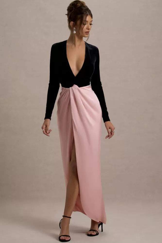 Velluto Sensuale con Gonna in Raso Rosa - Abito Longuette Scollo Profondo Nero di Club L London Collezione Incantesimo d'Amore