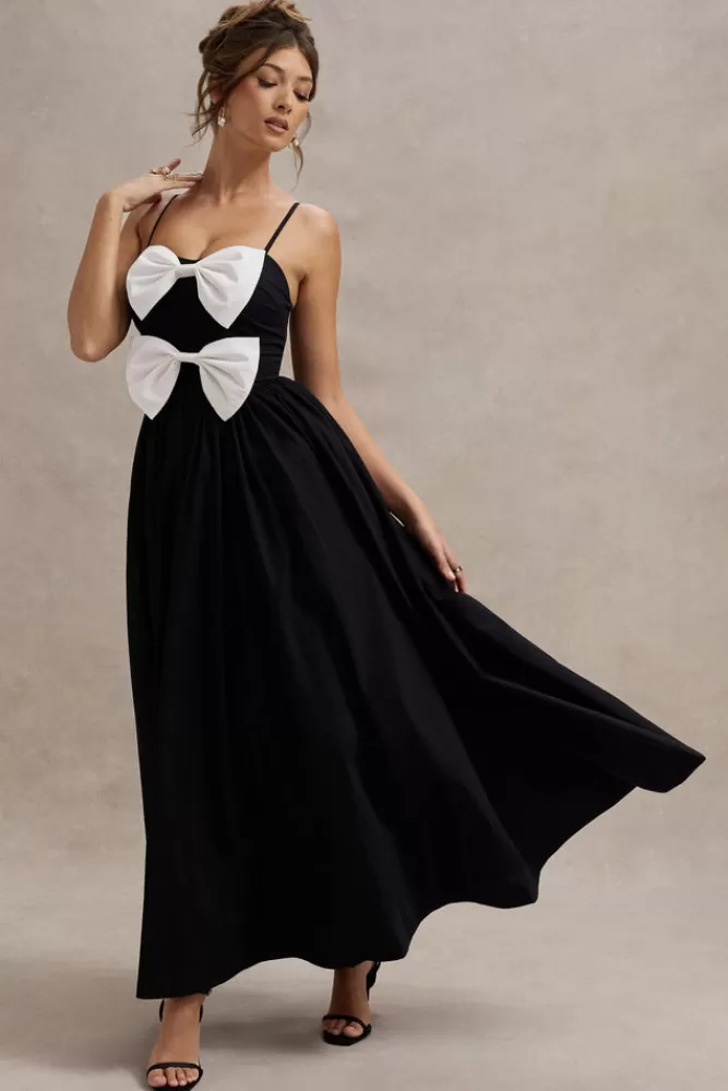 Club L London | Abito Elegante in Tinta Unita con Fiocchi - Nero e Bianco | Vestito Lungo Plissettato con Spalline Sottili | Collezione Amore e Passione