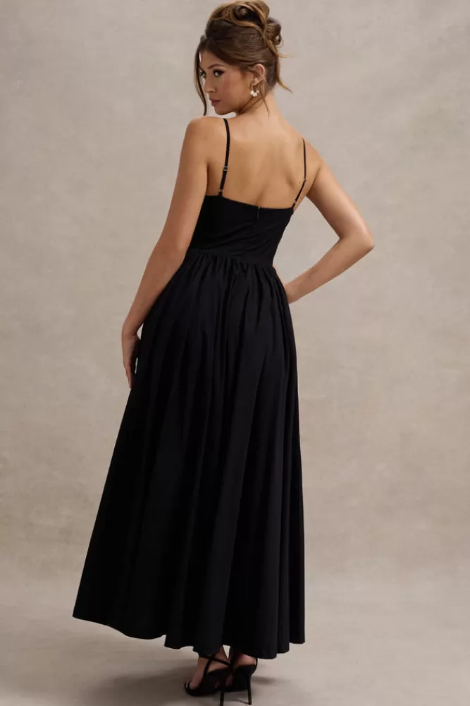Club L London | Abito Elegante in Tinta Unita con Fiocchi - Nero e Bianco | Vestito Lungo Plissettato con Spalline Sottili | Collezione Amore e Passione