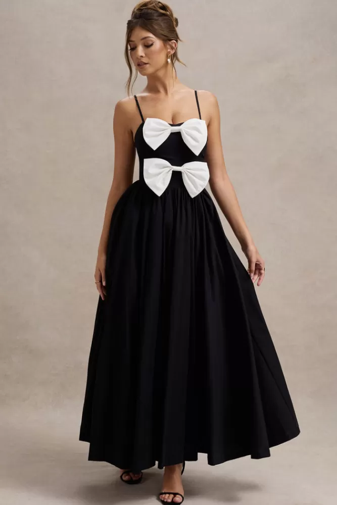Club L London | Abito Elegante in Tinta Unita con Fiocchi - Nero e Bianco | Vestito Lungo Plissettato con Spalline Sottili | Collezione Amore e Passione