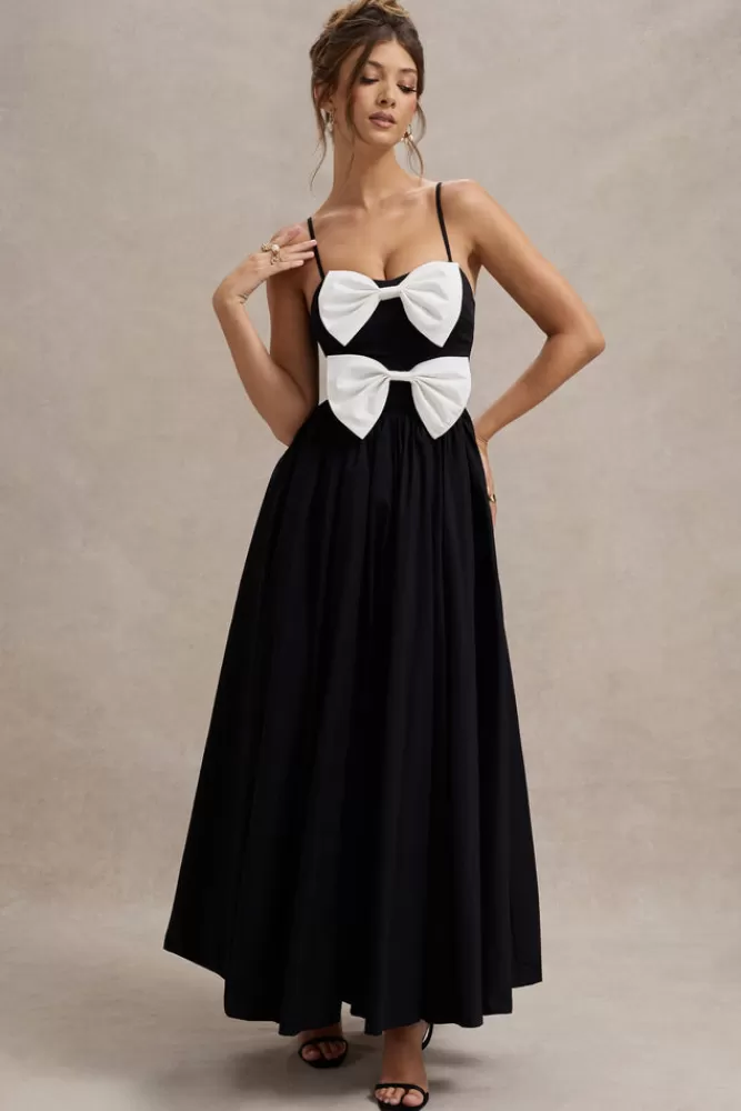 Club L London | Abito Elegante in Tinta Unita con Fiocchi - Nero e Bianco | Vestito Lungo Plissettato con Spalline Sottili | Collezione Amore e Passione