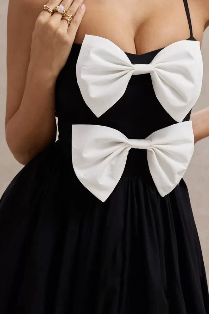 Club L London | Abito Elegante in Tinta Unita con Fiocchi - Nero e Bianco | Vestito Lungo Plissettato con Spalline Sottili | Collezione Amore e Passione