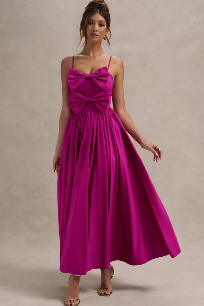 Abito Elegante Plissettato con Reggette e Fiocchi - Vestito Lungo Donna Fucsia Acceso | Collezione Loved Up di Club L London | Prezzi Imperdibili in Saldi