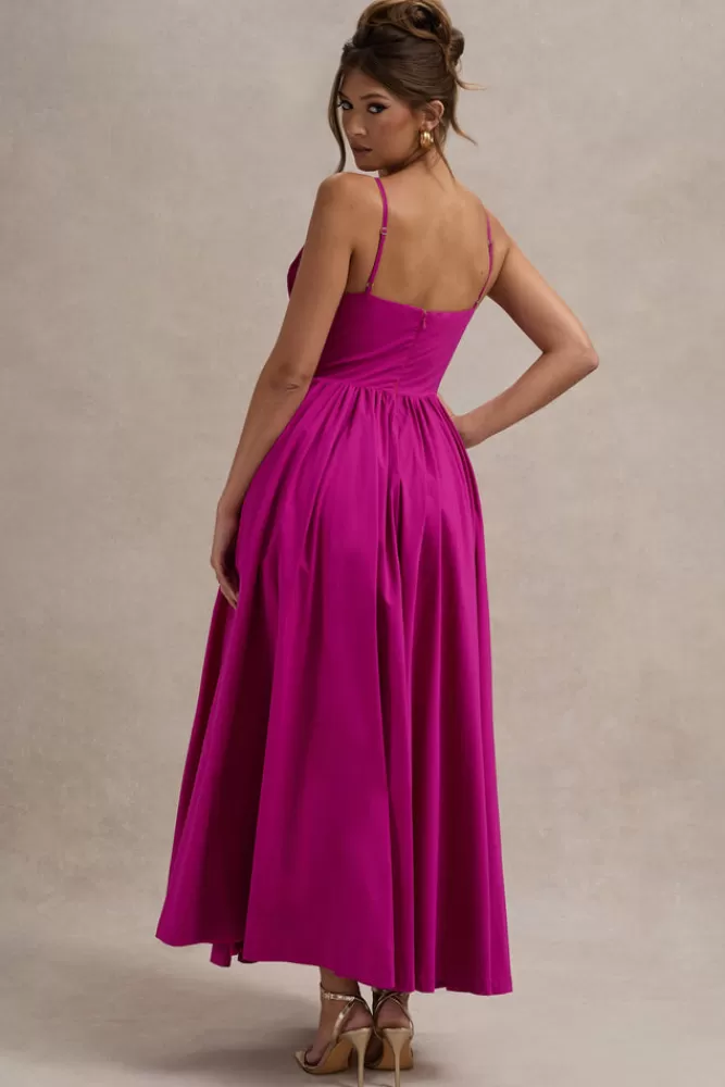 Abito Elegante Plissettato con Reggette e Fiocchi - Vestito Lungo Donna Fucsia Acceso | Collezione Loved Up di Club L London | Prezzi Imperdibili in Saldi
