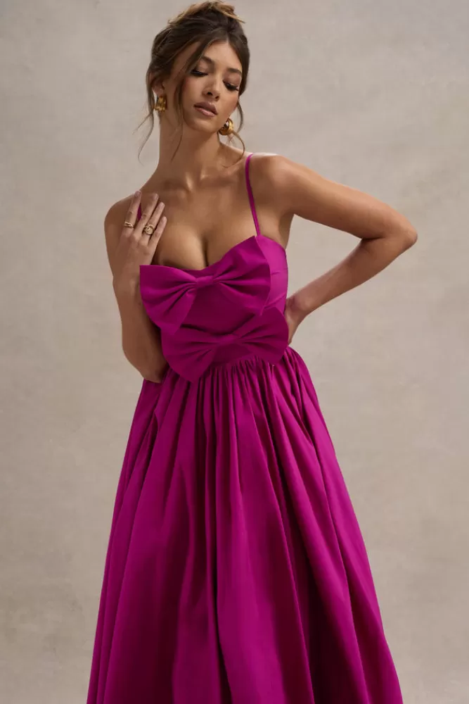 Abito Elegante Plissettato con Reggette e Fiocchi - Vestito Lungo Donna Fucsia Acceso | Collezione Loved Up di Club L London | Prezzi Imperdibili in Saldi