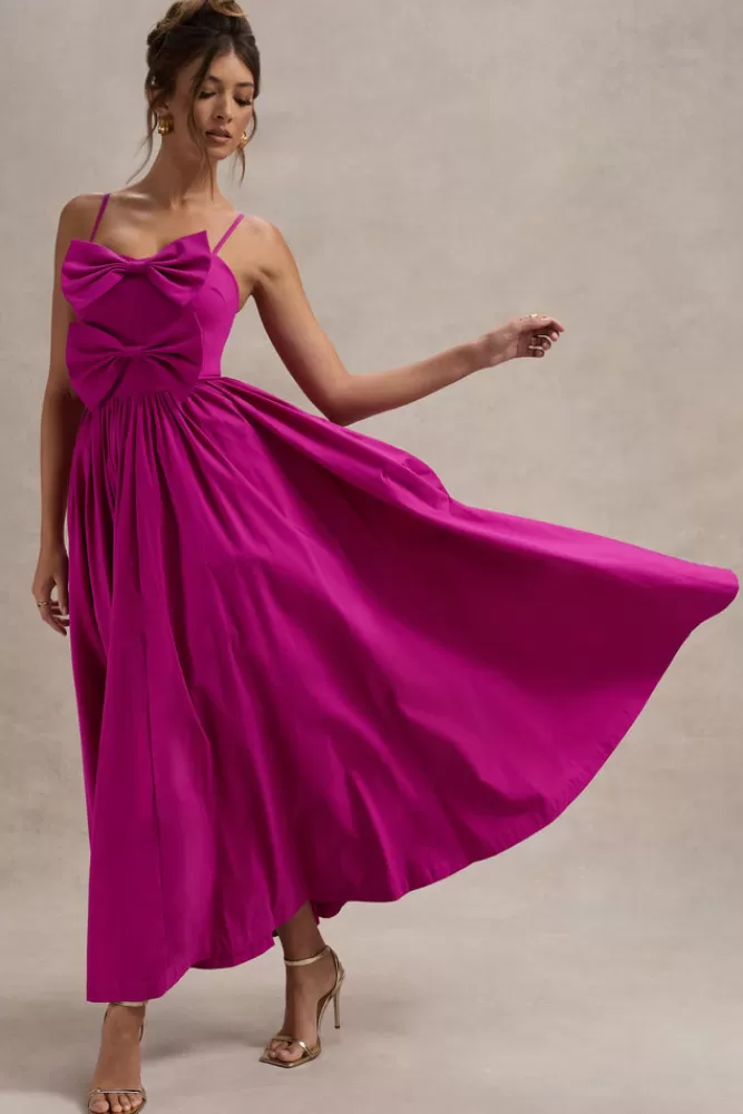 Abito Elegante Plissettato con Reggette e Fiocchi - Vestito Lungo Donna Fucsia Acceso | Collezione Loved Up di Club L London | Prezzi Imperdibili in Saldi