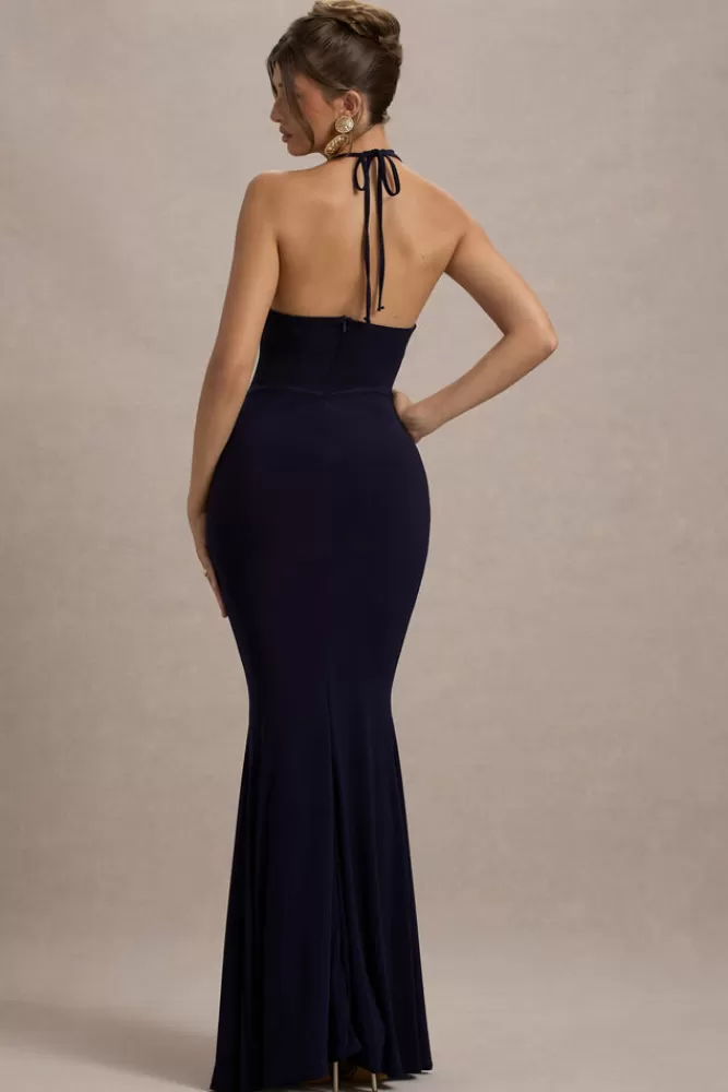 Club L London - Elegante abito lungo con scollo avvolgente e drappeggio floreale in blu navy