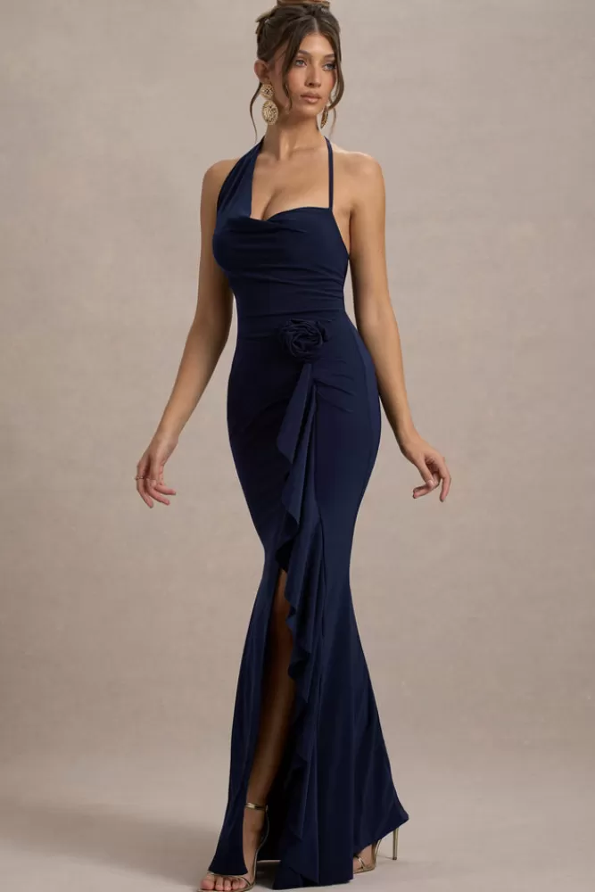 Club L London - Elegante abito lungo con scollo avvolgente e drappeggio floreale in blu navy