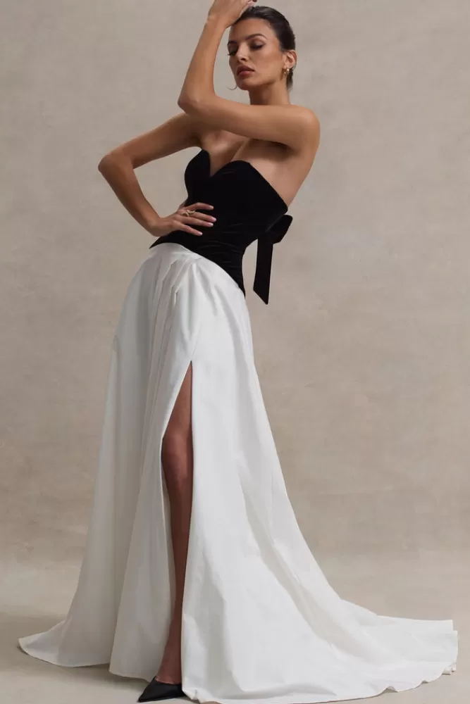 Club L London - Abito Maxi Lucienne Nero Crema con Corpetto a Cuore e Spacco Laterale | Vestito Elegante in Offerta