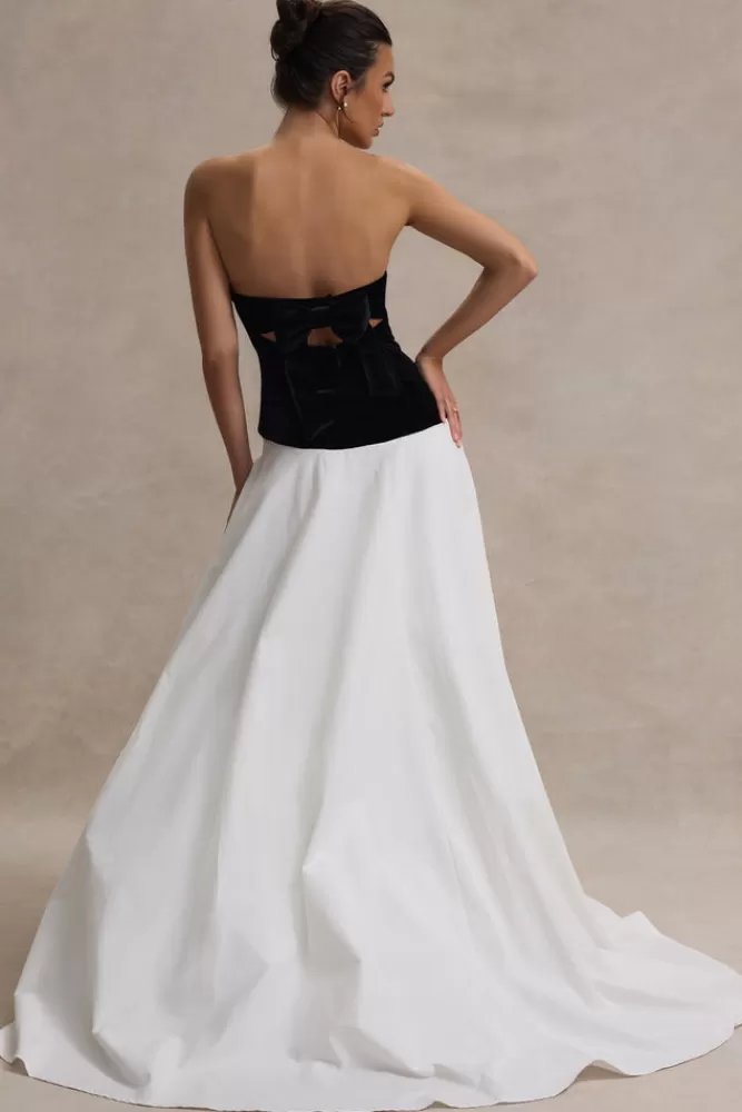 Club L London - Abito Maxi Lucienne Nero Crema con Corpetto a Cuore e Spacco Laterale | Vestito Elegante in Offerta