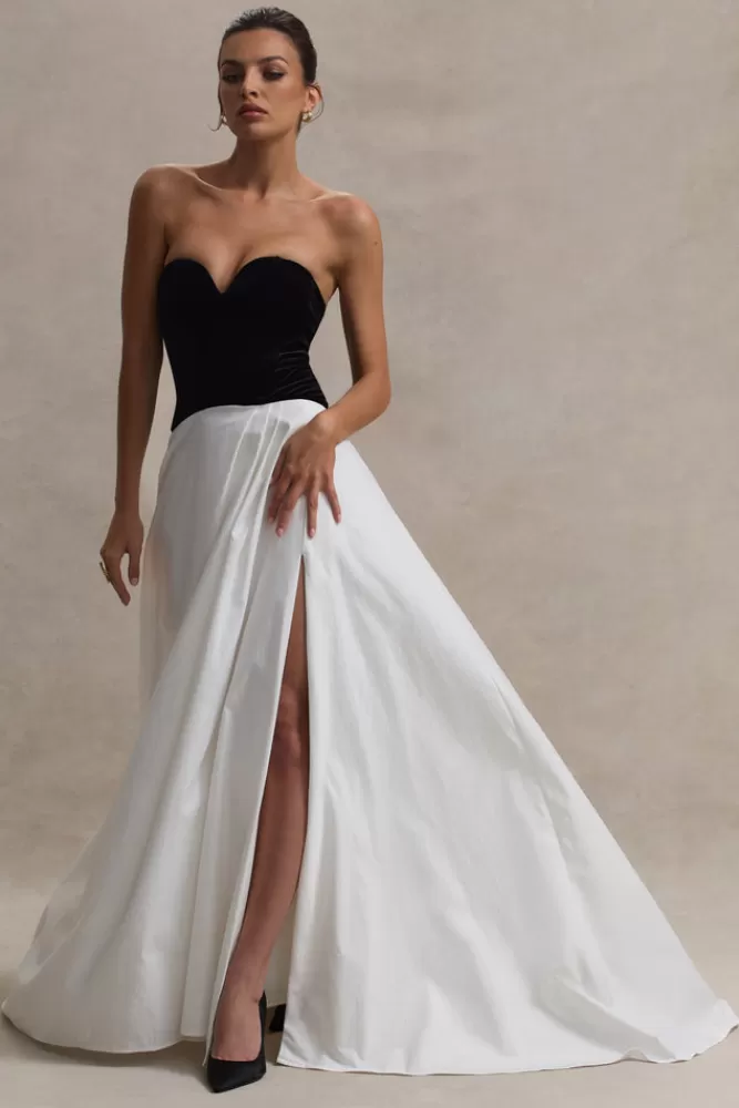 Club L London - Abito Maxi Lucienne Nero Crema con Corpetto a Cuore e Spacco Laterale | Vestito Elegante in Offerta
