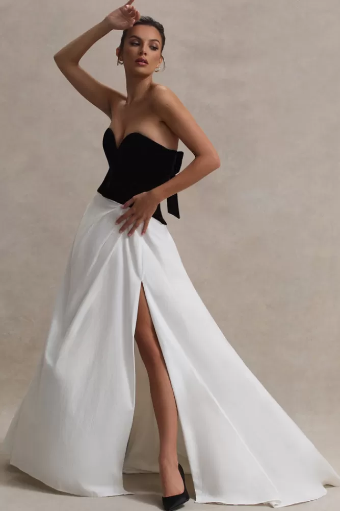 Club L London - Abito Maxi Lucienne Nero Crema con Corpetto a Cuore e Spacco Laterale | Vestito Elegante in Offerta