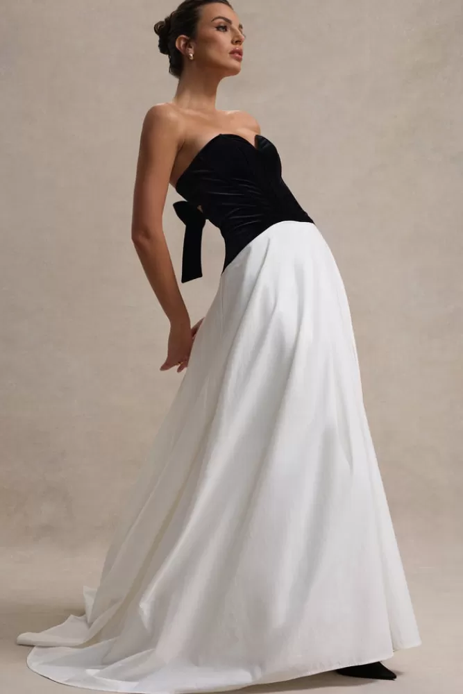 Club L London - Abito Maxi Lucienne Nero Crema con Corpetto a Cuore e Spacco Laterale | Vestito Elegante in Offerta