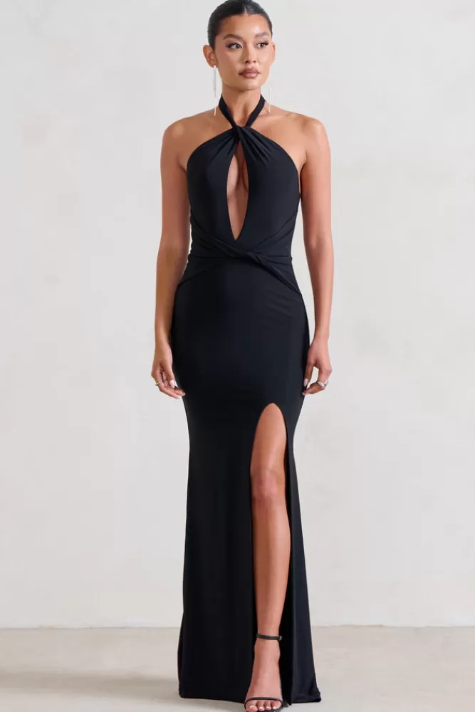 Abito Longuissimo Sera con Scollo Sensuale - Club L London Collezione Luxuria in Nero, Offerta Speciale
