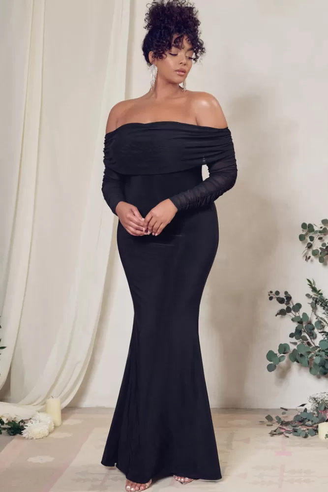 Abito Elegante Madeleine di Club L London - Maniche Lunghe in Pizzo Bardot e Scollo Allacciato, Nero | Promozione Esclusiva