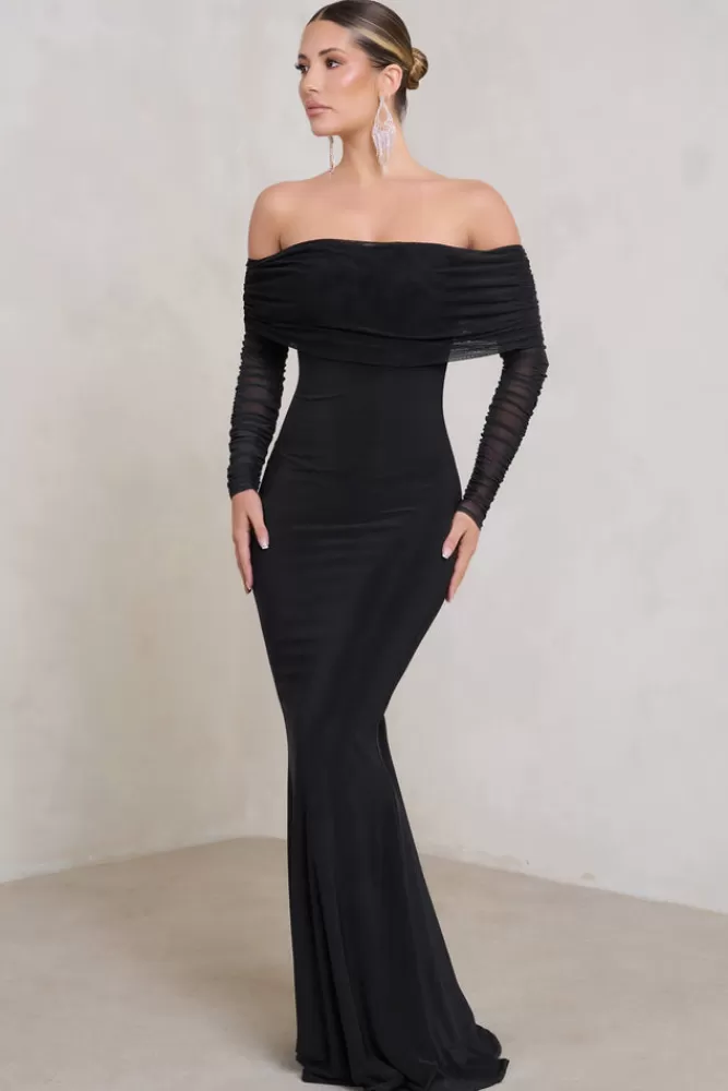 Abito Elegante Madeleine di Club L London - Maniche Lunghe in Pizzo Bardot e Scollo Allacciato, Nero | Promozione Esclusiva