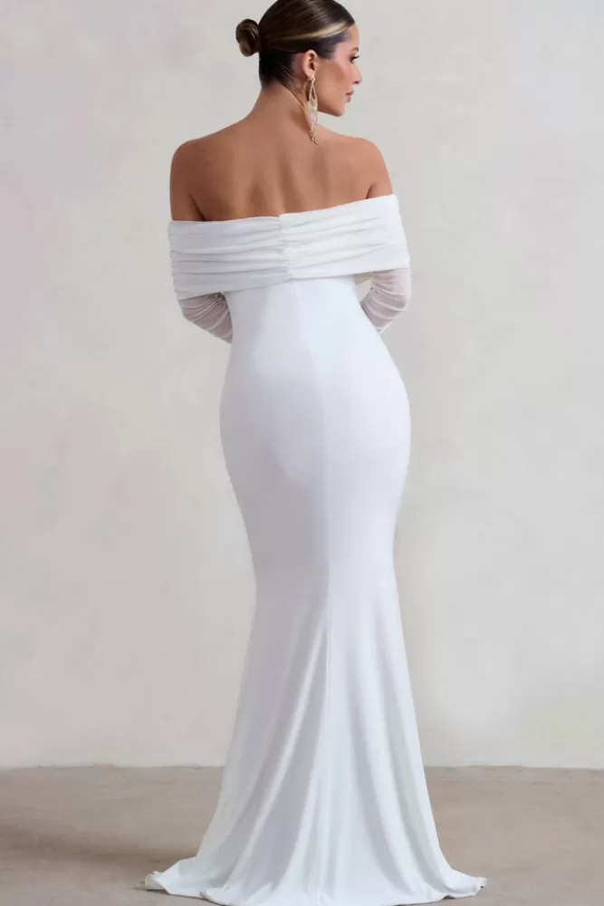 Abito Elegante Madeleine di Club L London - Coda di Pesce con Maniche in Pizzo Bardot, Bianco in Offerta