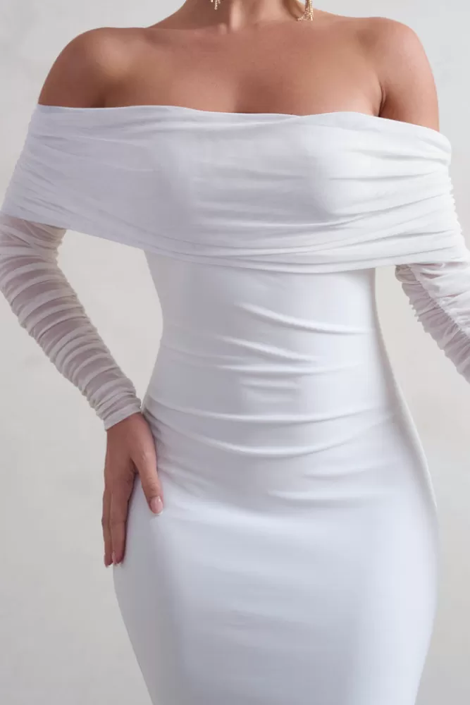 Abito Elegante Madeleine di Club L London - Coda di Pesce con Maniche in Pizzo Bardot, Bianco in Offerta