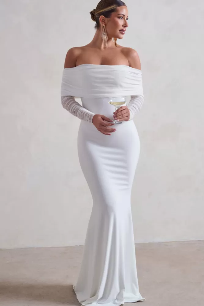 Abito Elegante Madeleine di Club L London - Coda di Pesce con Maniche in Pizzo Bardot, Bianco in Offerta