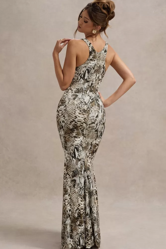 Mahina di Club L London - Abito Lungo Elegante con Stampa Serpente e Scollatura Quadrata | Stile Serpente Disponibile Online