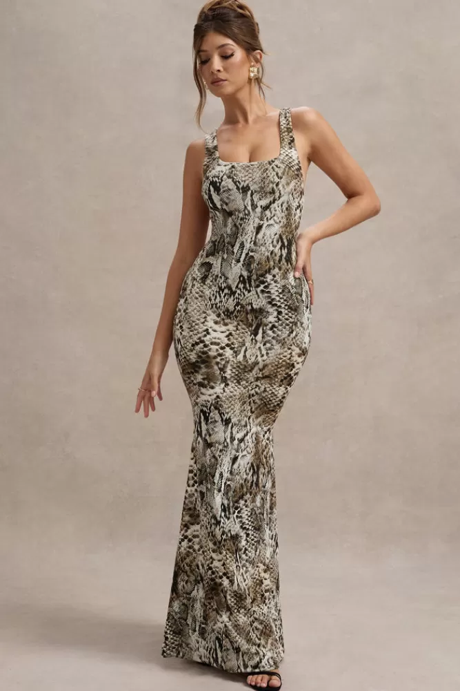 Mahina di Club L London - Abito Lungo Elegante con Stampa Serpente e Scollatura Quadrata | Stile Serpente Disponibile Online