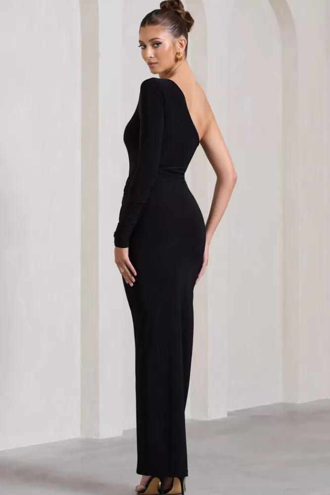 Abito Longuette Asimmetrico con Spacco Laterale in Nero - Stile Unico Mallory by London Club L