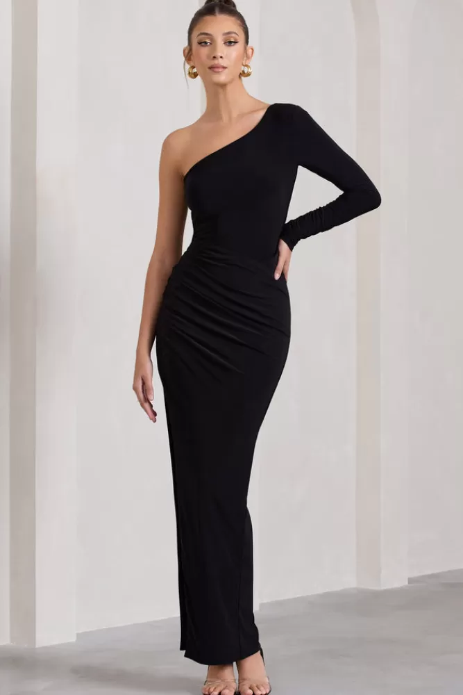 Abito Longuette Asimmetrico con Spacco Laterale in Nero - Stile Unico Mallory by London Club L