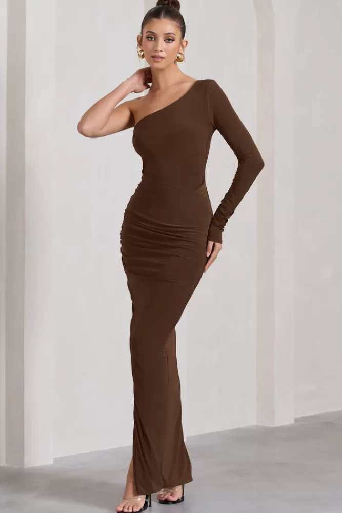 Abito longuissimo Mallory con spacco asimmetrico - nuance cioccolato fondente | Club L London collezione outlet
