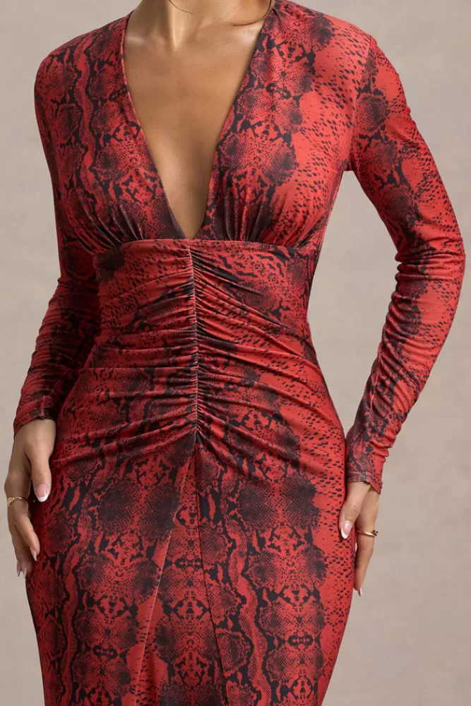 Club L London - Abito Maxi Elegante con Stampa Serpente Rosso, Scollatura Avvolgente e Maniche Lunghe | Vestito da Donna in Edizione Limitata, Perfetto per Serate Speciali - In Offerta Imperdibile