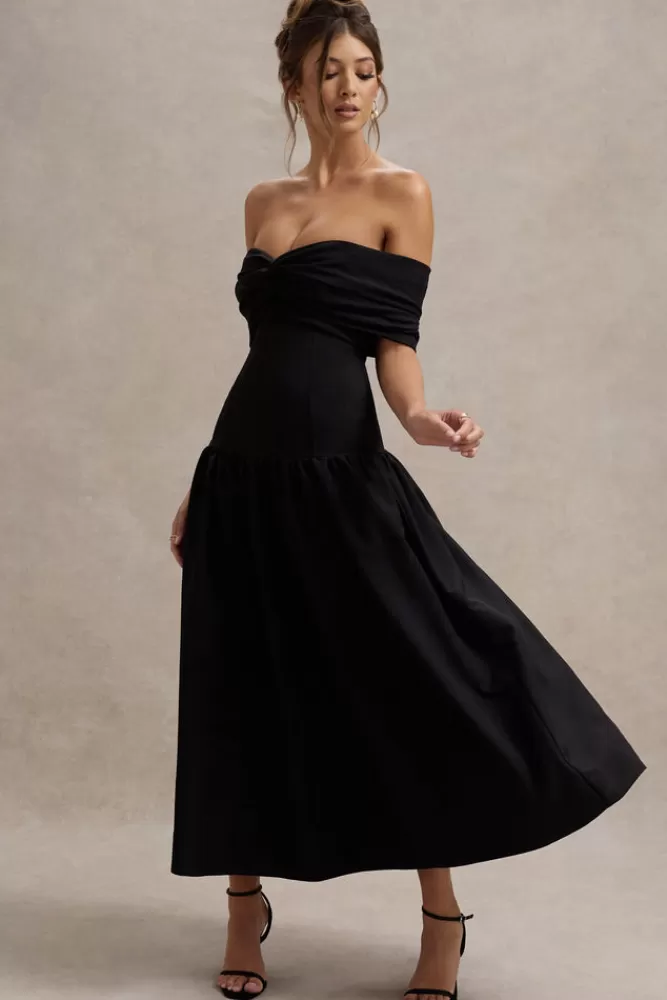 Abito Lungo Marguerite con Scollo Asimmetrico Bardot e Vita Cadente - Nero Elegante | Club L London