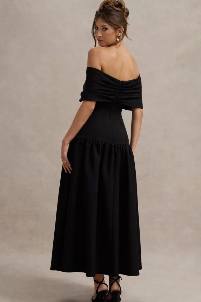Abito Lungo Marguerite con Scollo Asimmetrico Bardot e Vita Cadente - Nero Elegante | Club L London