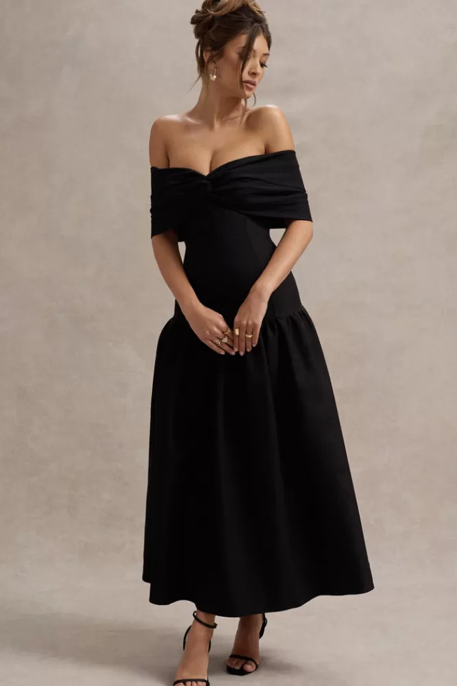 Abito Lungo Marguerite con Scollo Asimmetrico Bardot e Vita Cadente - Nero Elegante | Club L London