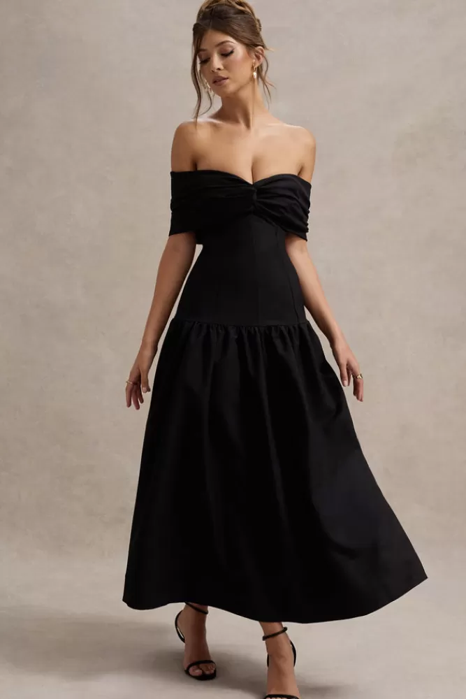 Abito Lungo Marguerite con Scollo Asimmetrico Bardot e Vita Cadente - Nero Elegante | Club L London