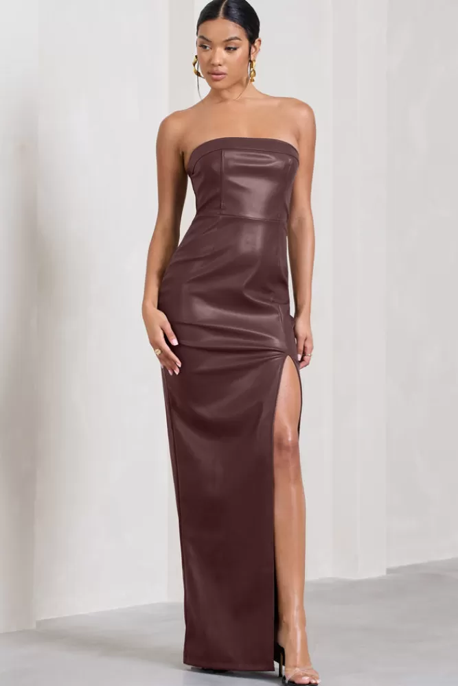 Marlene di Club L London · Abito in Pelle Ecologica senza spalline a fascia con spacco laterale - Colore Borgogna | Vestibilità elegante per serate autunno/inverno