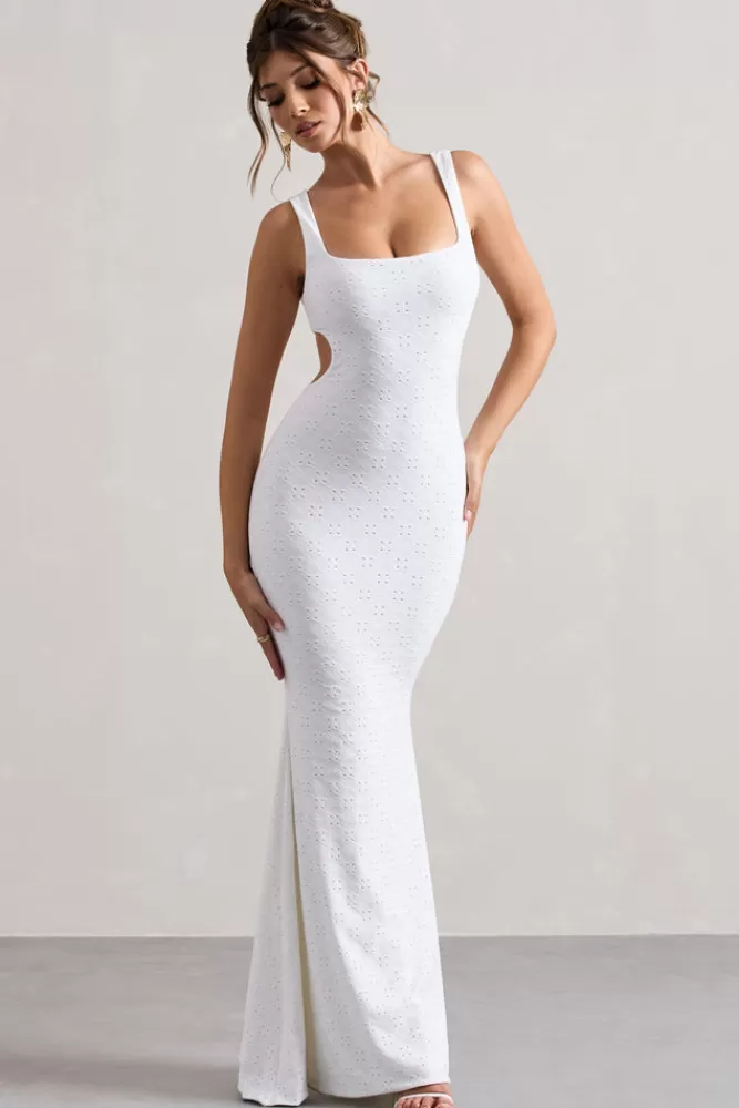 Club L London | Abito Lungo in Pizzo con Scollatura Quadrata e Tagli Decorativi - Bianco Elegante