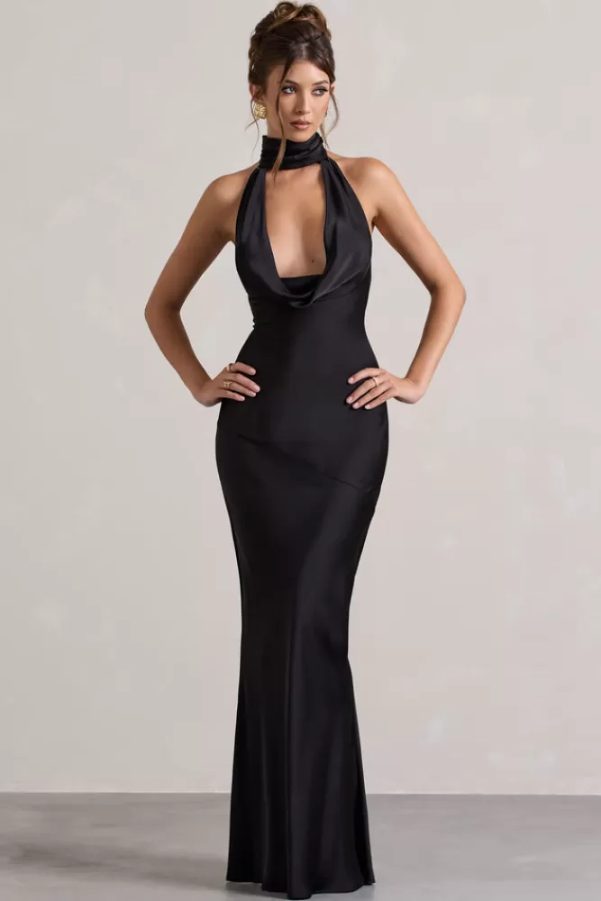 Abito Elegante in Seta con Scollo a Sacca - Nero da Sera, Club L London Matea Abito Lungo per Occasioni Speciali