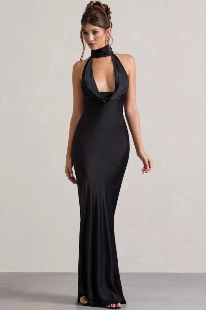 Abito Elegante in Seta con Scollo a Sacca - Nero da Sera, Club L London Matea Abito Lungo per Occasioni Speciali