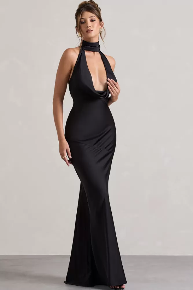 Abito Elegante in Seta con Scollo a Sacca - Nero da Sera, Club L London Matea Abito Lungo per Occasioni Speciali