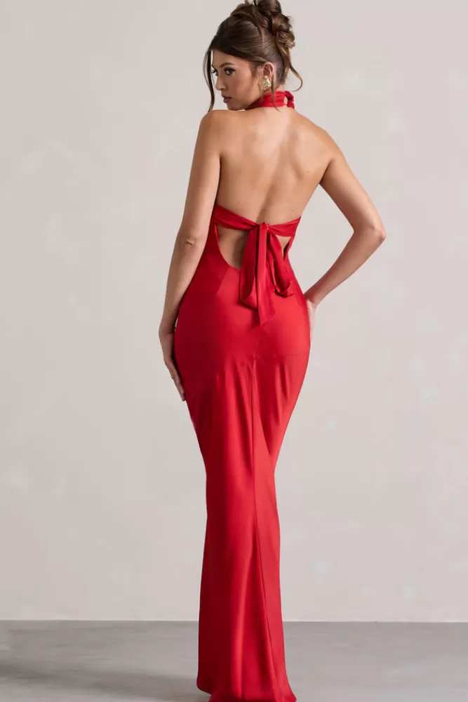 Abito Lungo in Raso con Scollo Avvolgente Club L London - Rosso Passione, Vestito da Sera con Drappeggi Eleganti e Tocco Sensuale
