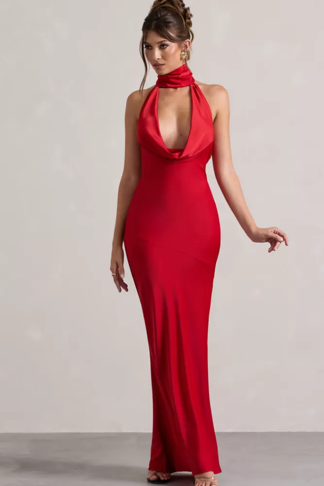 Abito Lungo in Raso con Scollo Avvolgente Club L London - Rosso Passione, Vestito da Sera con Drappeggi Eleganti e Tocco Sensuale