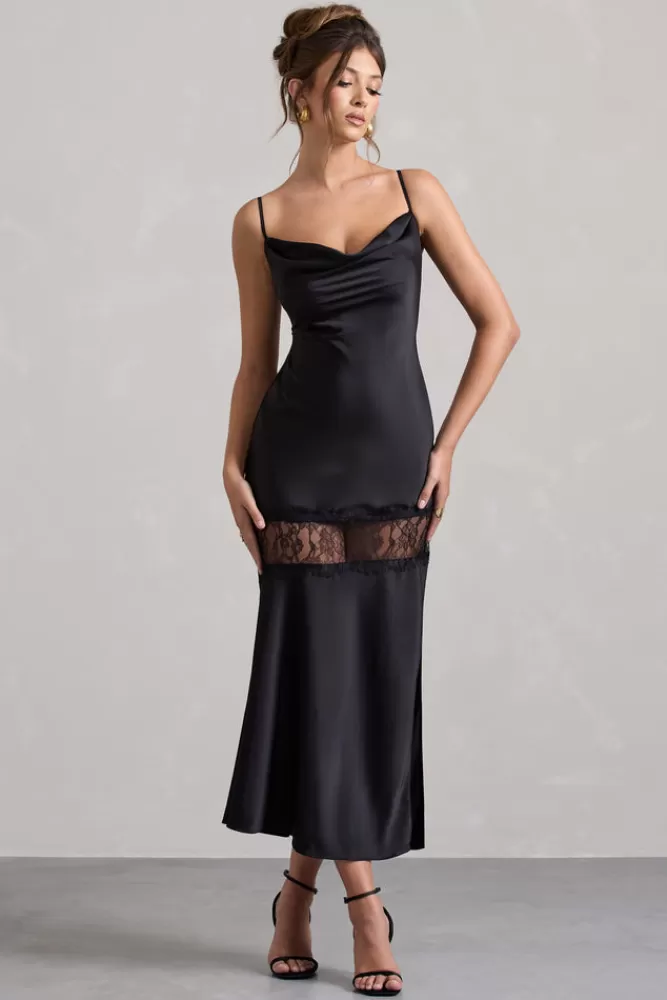 Matera by Club L London - Abito longuette in satin nero con pizzo, scollo drappeggiato e design elegante | Edizione limitata in promozione straordinaria  

（：，