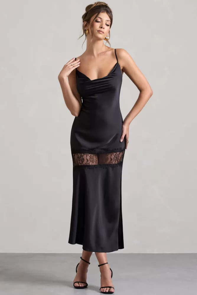 Matera by Club L London - Abito longuette in satin nero con pizzo, scollo drappeggiato e design elegante | Edizione limitata in promozione straordinaria  

（：，