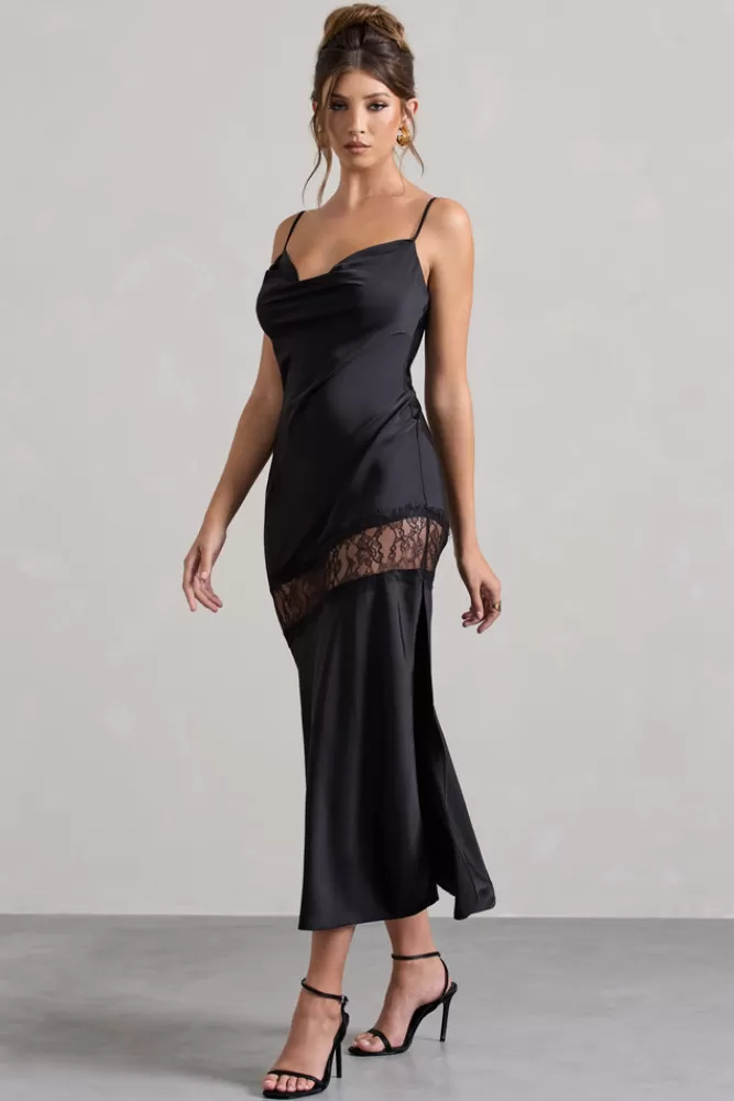 Matera by Club L London - Abito longuette in satin nero con pizzo, scollo drappeggiato e design elegante | Edizione limitata in promozione straordinaria  

（：，