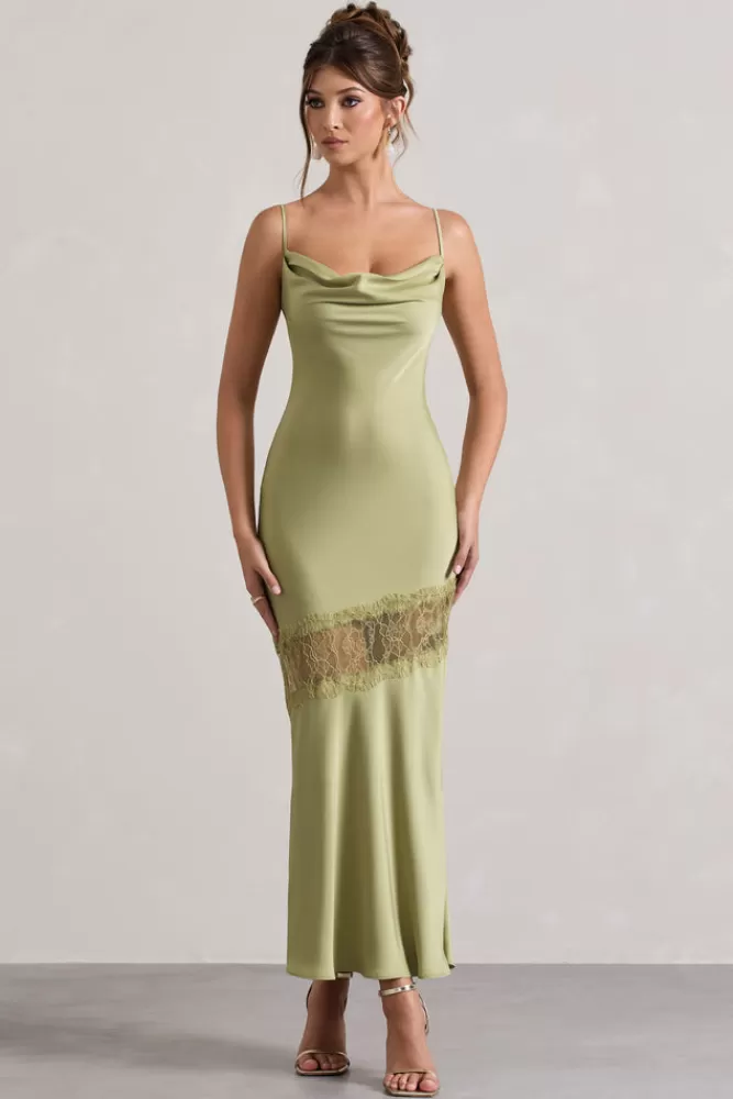 Club L London Matera, Abito Elegante in Raso Verde Oliva con Scollo Drappeggiato e Bordi in Pizzo - Vestito Lungo da Sera