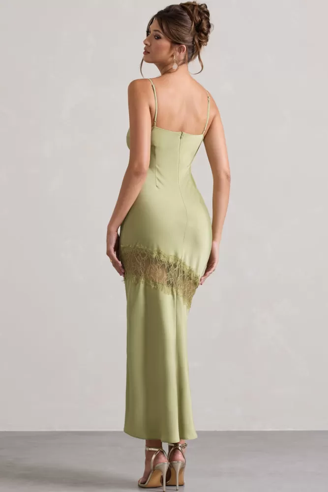 Club L London Matera, Abito Elegante in Raso Verde Oliva con Scollo Drappeggiato e Bordi in Pizzo - Vestito Lungo da Sera