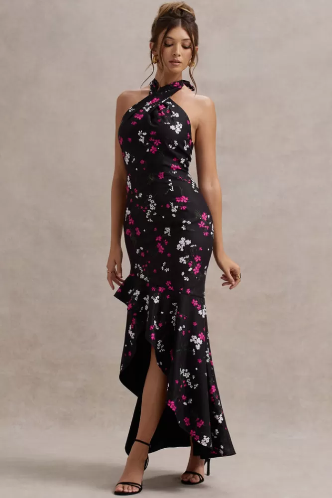 Club L London Melodia - Abito Lungo in Raso Nero con Stampa Floreale Elegante, Scollatura a Fascia e Balze Romantiche - Offerta Imperdibile!