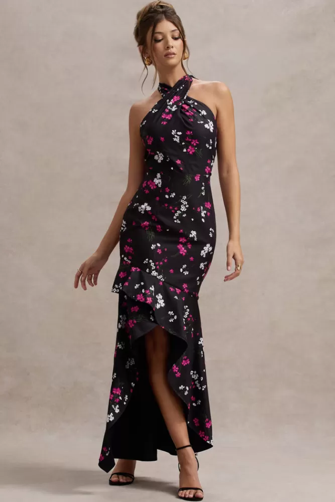 Club L London Melodia - Abito Lungo in Raso Nero con Stampa Floreale Elegante, Scollatura a Fascia e Balze Romantiche - Offerta Imperdibile!
