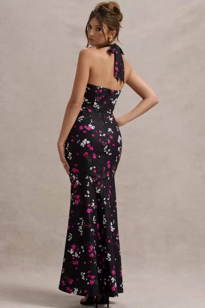 Club L London Melodia - Abito Lungo in Raso Nero con Stampa Floreale Elegante, Scollatura a Fascia e Balze Romantiche - Offerta Imperdibile!